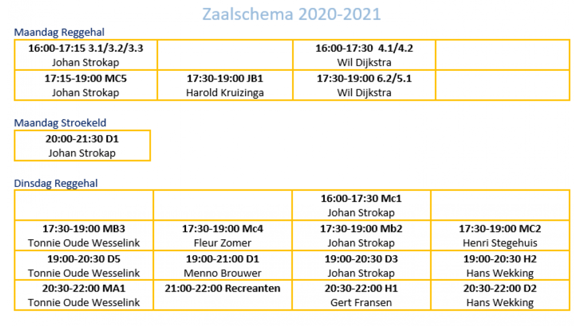 Trainingschema 2020-2021