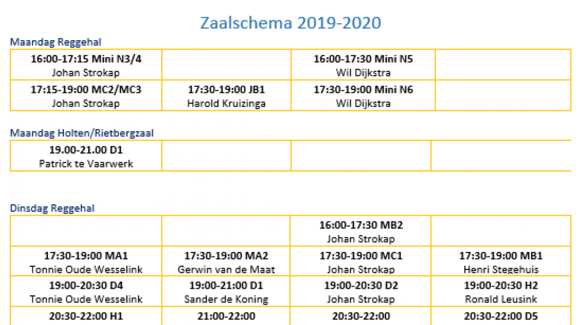 Trainingschema 2021-2022 vanaf 23 augustus