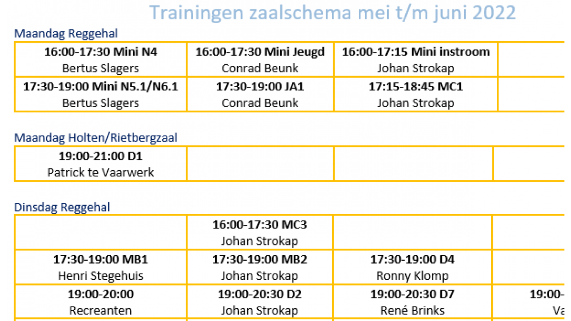 Training schema mei en juni 2022